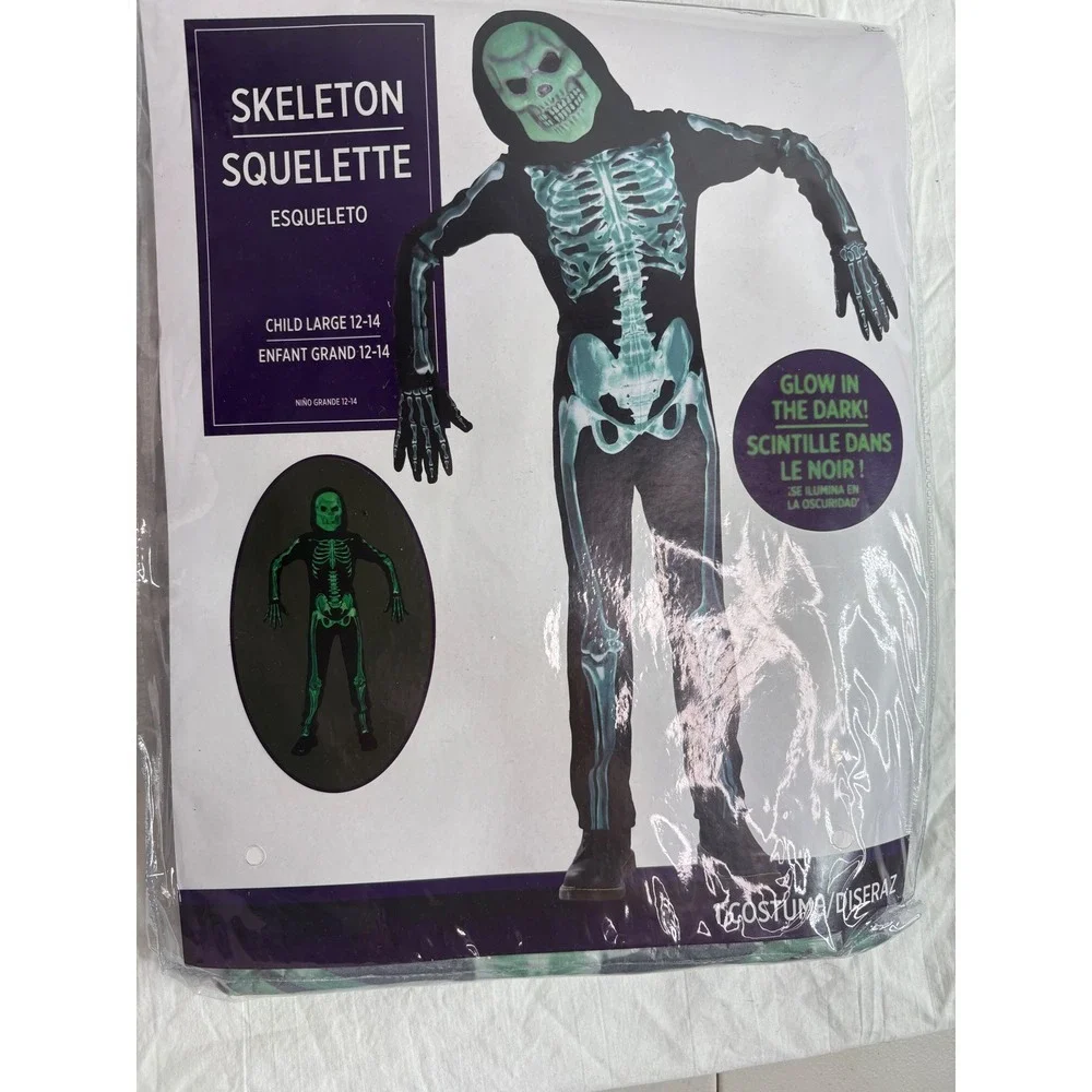 Kids Skeleton Costume Jumpsuit Glow in the Dark Halloween Large 12-14